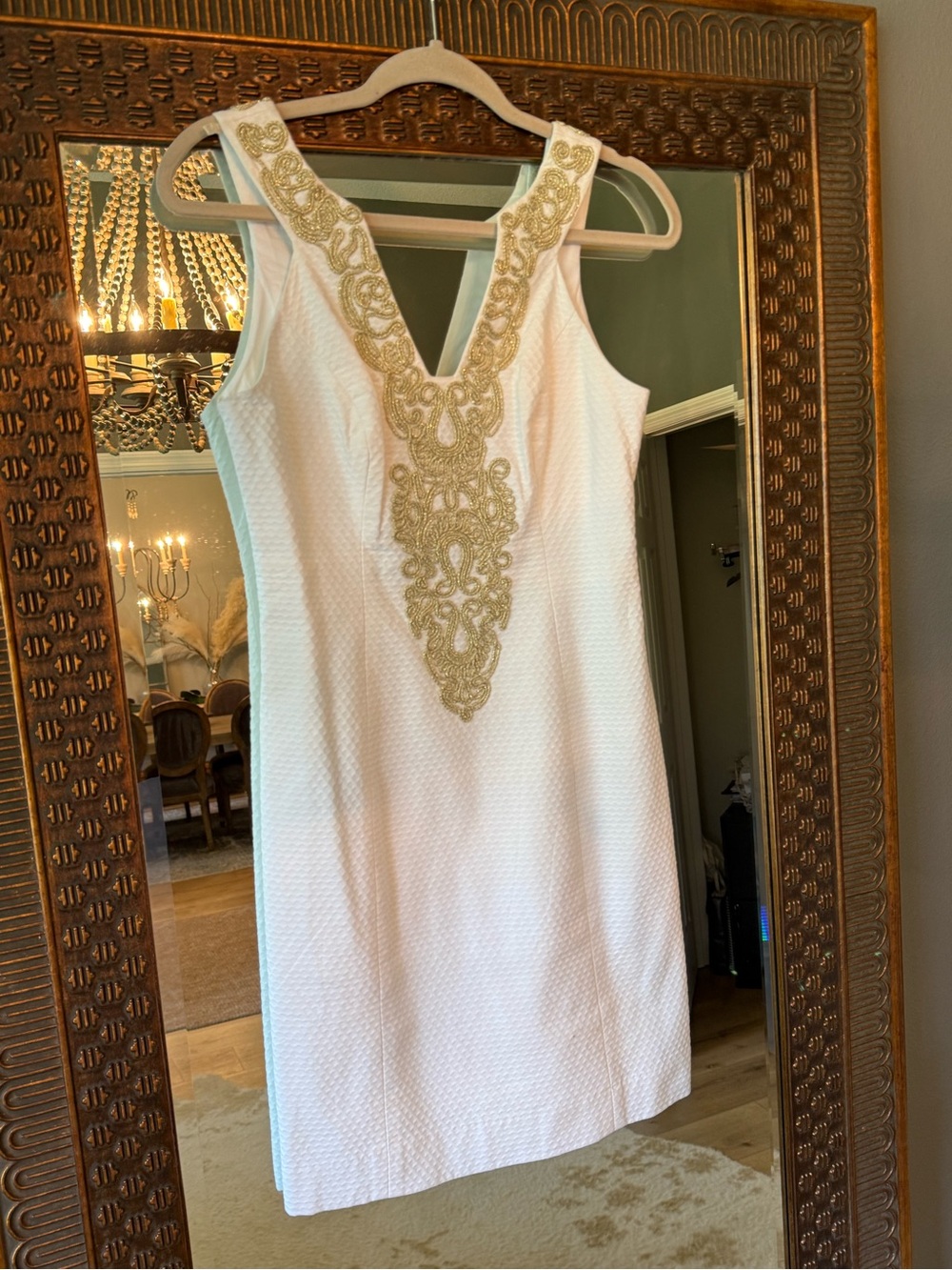 Lilly Pulitzer White Sleeveless Dress with Gold Embellished V-Neck